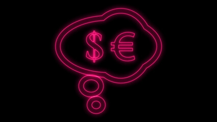 Fototapeta premium Colorful glowing neon dollar and euro currency symbols enclosed within a speech bubble, representing financial thoughts and global exchange ideas, isolated on black background.