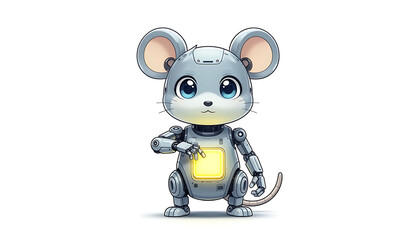 Cute robot mouse with big blue eyes glowing chest panel pointing against white background