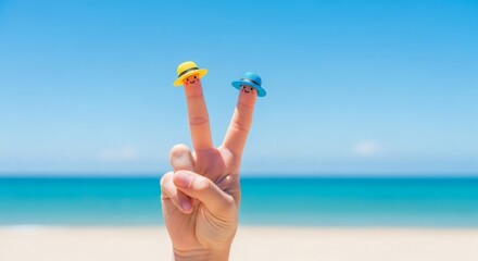 Vacation Vibes Finger Friends at Beach with Hats with Blue Sky, and Ocean.