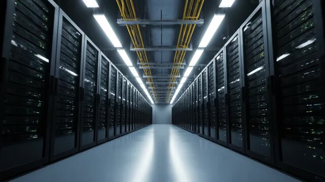 A long corridor in a modern data center filled with rows of server racks. Yellow cables are visible overhead under bright strip lights.