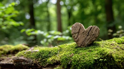 Obraz premium A heart-shaped piece of wood rests on a moss-covered log in a lush, sunlit forest with blurred green foliage in the background.