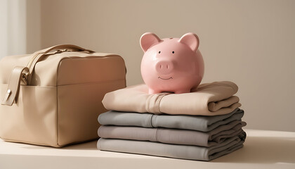 Pink piggy bank on folded neutral clothes next to beige bag in soft light