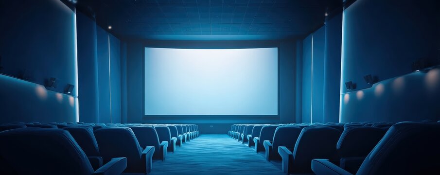 A modern, empty movie theater with rows of blue seats and a large blank screen illuminated by subtle blue lighting.