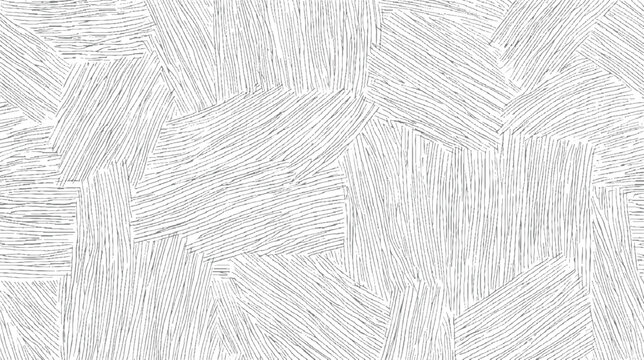 Abstract pattern of overlapping geometric shapes filled with hand drawn parallel lines in varying directions and shades of gray