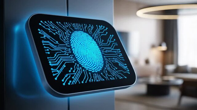Close-up of a futuristic smart home security device featuring a glowing blue fingerprint scanner on a dark panel. Interior living space background with soft lighting.