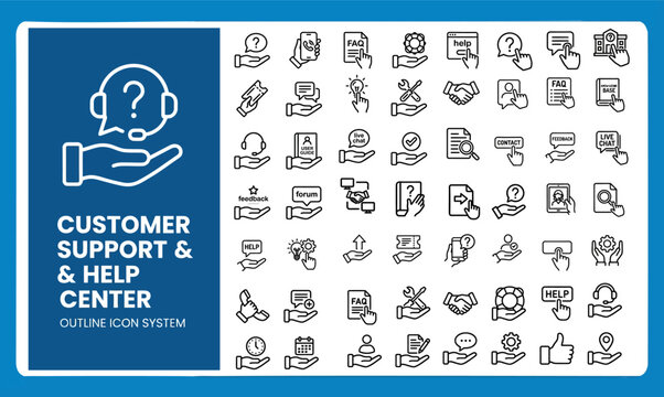 Customer Support and Help Center Outline Vector Icon Set &mdash; FAQ and Live Chat Editable Stroke Icons for Web and App UI