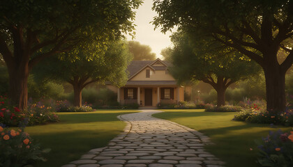 Cozy small house with stone path surrounded by trees and colorful flowers in warm sunlight