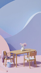 Minimalist interior scene with a table, chairs, and decorative flowers.