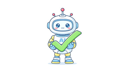 Cute friendly AI robot holding green checkmark isolated on white background for tech concept