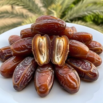 Freshly cut dates displayed on a white plate with whole dates surrounding them illustration