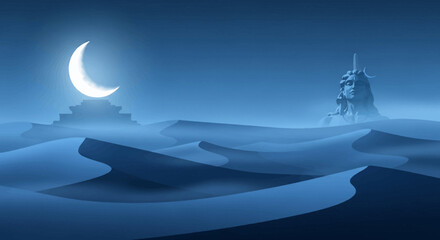 Fototapeta premium Surreal desert landscape with crescent moon and ancient structures under a starry sky