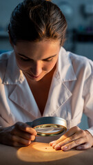 A woman examining a specimen with a magnifying glass in a laboratory.