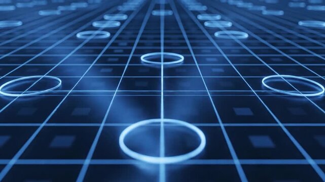 Blue abstract grid background with glowing rings and square patterns