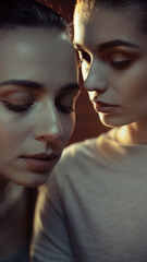Two women with close faces, serene expressions, and soft lighting.