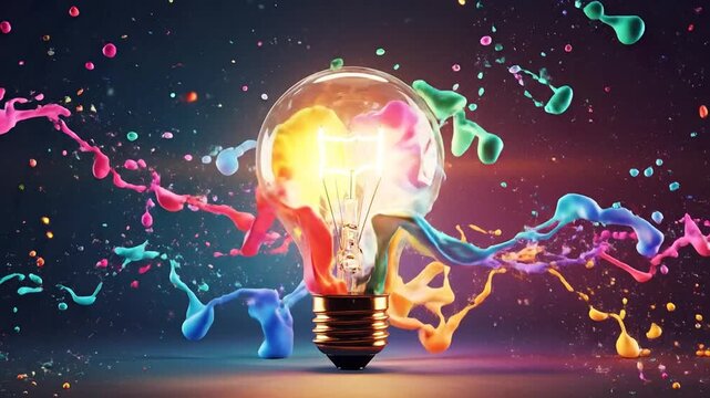 Creative light bulb with colorful paint splashes, representing innovation and ideas against a dark background.