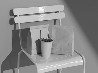 Realistic White Blank Fast Food Takeout Bags and Soda Cup Mockup on Chair 3D Rendering