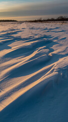Snow-covered field with shadows under a cloudy sky.