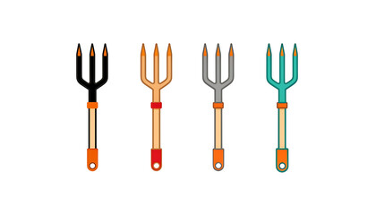 Colorful garden forks arranged in a row on white background, great for gardening tool ads and displays