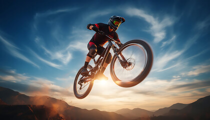 Mountain biker in mid-air jump against vibrant sky and setting sun