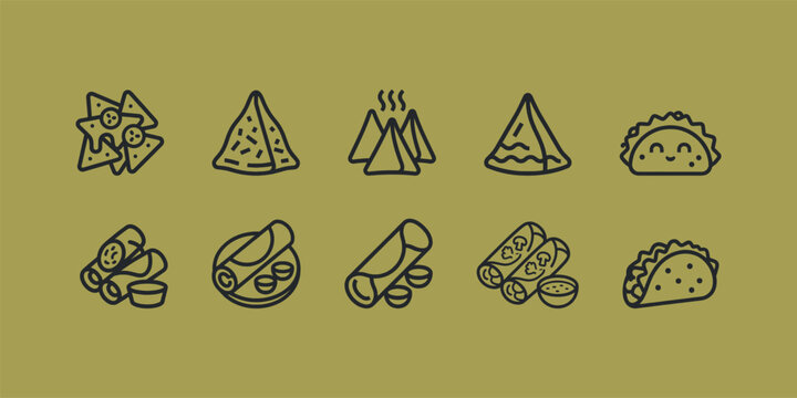 Delicious Mexican Food and Tex-Mex Snacks Line Icons