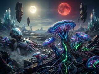 Alien biome glowing fungi under dual moons sci-fi landscape futuristic robot exploring extraterrestrial terrain