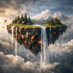 Floating Island With Waterfalls, Hot Air Balloons & Mountain Peaks Amidst Clouds &ndash; Surreal Fantasy Landscape