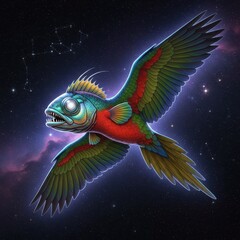 Colorful Mythical Fish With Wings Soaring Through Starry Cosmic Sky Amid Nebula And Constellations