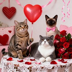 Three cats posing romantically with heart balloon roses lace table Valentine's Day celebration indoor scene
