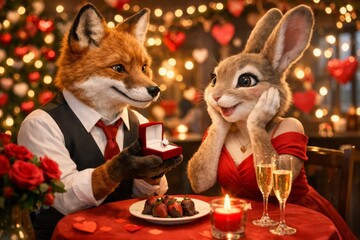 Fox and rabbit couple proposing at romantic dinner under twinkling lights with chocolate strawberries champagne