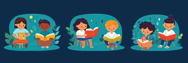 Fototapeta premium Diverse children reading books together in colorful nature-inspired minimalist flat vector illustrations promoting literacy and education concepts for kids and learning
