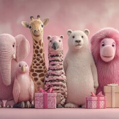 Cute Pink Animal Family Gift Giving Scene With Giraffe Bear Elephant Penguin Lion And Presents On Soft Pastel Background