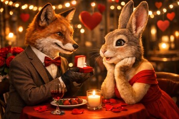 Romantic fox and rabbit couple proposal at candlelit dinner table surrounded by red roses and heart decorations