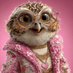 Cute cartoon owl wearing round glasses and pink floral sweater against solid pastel background