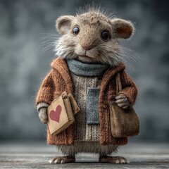 Cute anthropomorphic mouse wearing cozy winter coat holding heart-shaped paper bag outdoors