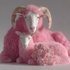 Pink woolly ram and lamb cuddling beside rose bouquet soft studio portrait whimsical fantasy animal scene
