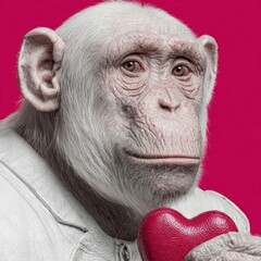 White monkey holding red heart against vibrant pink background, stylish leather jacket, expressive eyes