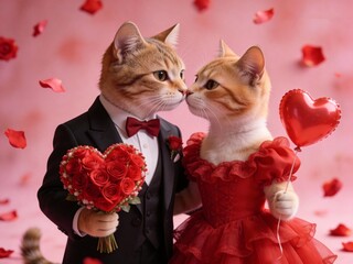 Adorable Cats in Romantic Valentine's Day Outfit Holding Roses and Heart Balloon Amid Falling Petals