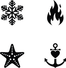 Obraz premium Nature and nautical silhouettes featuring a winter snowflake, flaming fire, textured starfish, and a heart-shaped anchor icon.