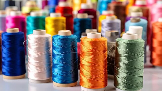 Vibrant spools of thread in various colors arranged on a white surface, ready for sewing.