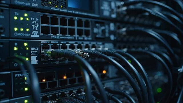 Close-up of a server rack with numerous blinking green indicator lights and thick black cables connecting the devices. The scene depicts a functional data center environment.
