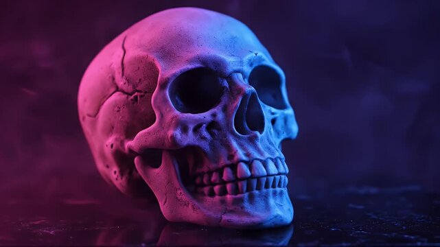 Skull in Pink and Blue Lighting with Smoke Effect on Dark Background for Halloween or Horror Concept and Creative