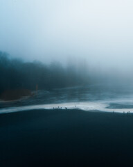 Naklejka premium An atmospheric winter landscape: the dark water of a river meets the edge of the ice, where silhouettes of birds are visible. The entire area is shrouded in thick fog, obscuring the trees on the oppos
