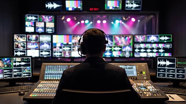 Live Broadcast Control Room With Multiple Screens and Equipment During a Show at a Studio