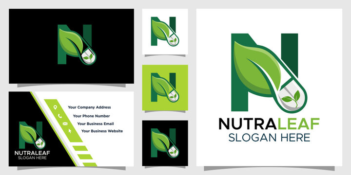 Nutra Leaf - Letter N Supplement Capsule and Medicine Bottle Logo for Vitamin and Herbal Branding