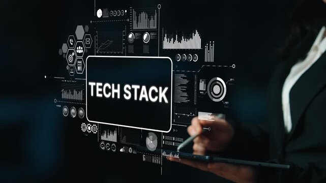 Technology Stack Concept with Digital Interface Showing Graphs and Data Analysis in Business Environment. Asymptotic smart data analytic.