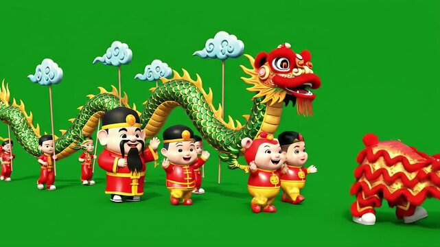 Lunar New Year Dragon Parade Animation - This animation features a traditional Chinese dragon being paraded by children and a figure representing prosperity.