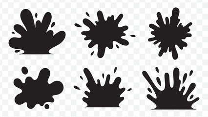 Fototapeta premium Ink splatter or paint splash vector set, black splashes, grunge effect, messy blobs, abstract shapes, for overlay or design element, isolated on Transparent Background