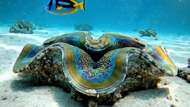 A vibrant underwater scene showcases a giant clam and a colorful fish swimming in the crystal clear ocean