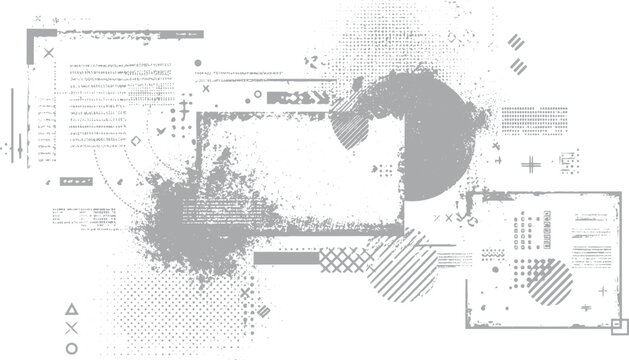 Abstract grey grunge and geometric shapes on white background. Textured with distressed patterns and digital motifs