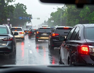 View from inside a car of traffic driving on a wet road